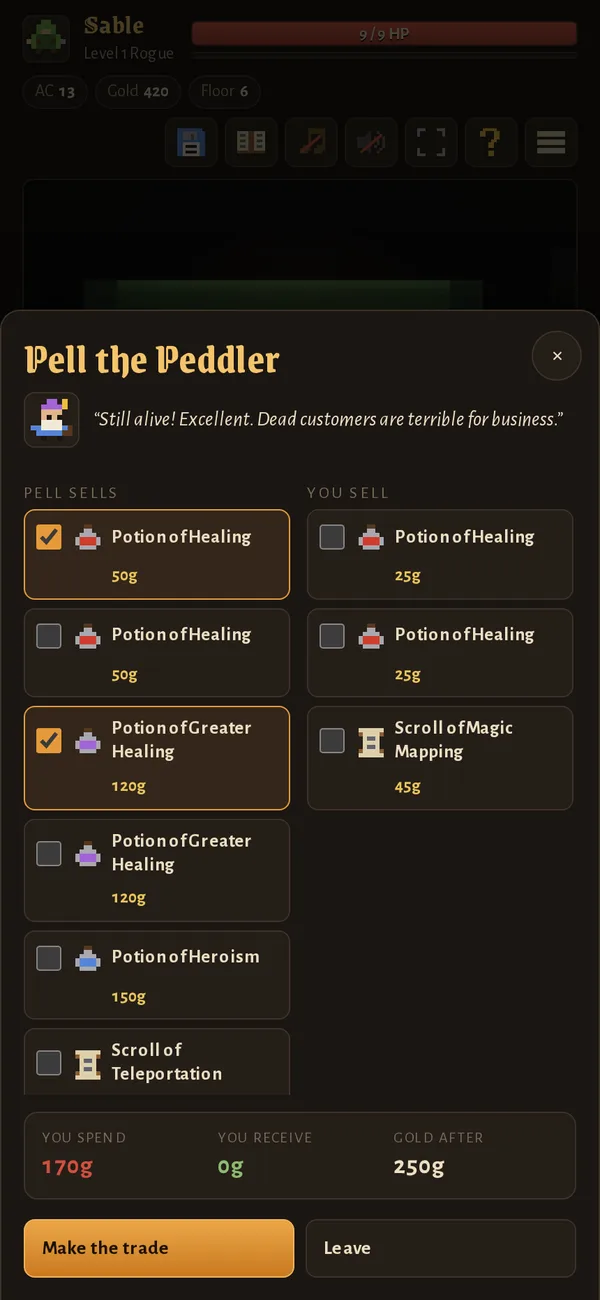 Trading with Pell the Peddler: two columns of items with running totals